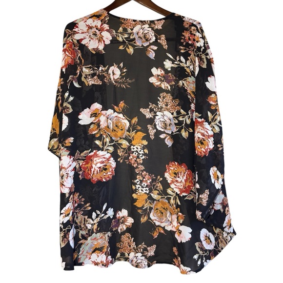 Xhilaration Black Sheer Orange Maroon Fall Open Front Kimono Floral XL/XXL - Picture 4 of 9